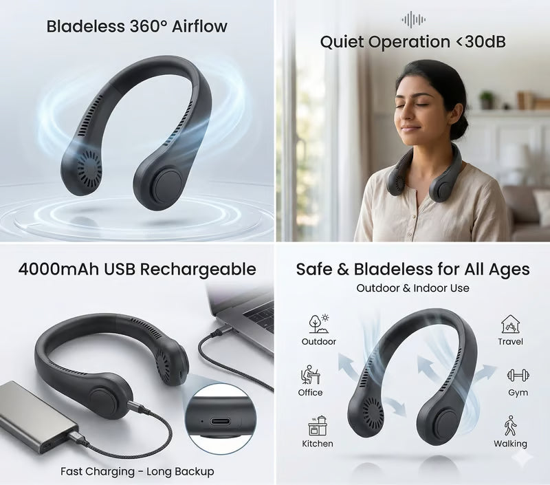 Wearable Neck Fan | Soft Airflow | Outdoor & Travel Cooling